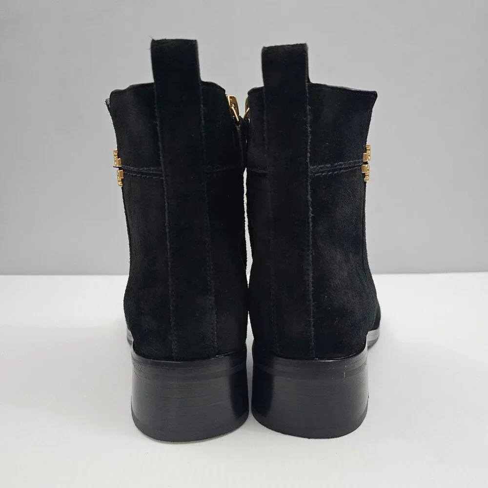 Tory Burch Everly Ankle Boot Womens 7.5 Black Suede Gold Logo Luxury Designer - Picture 8 of 16